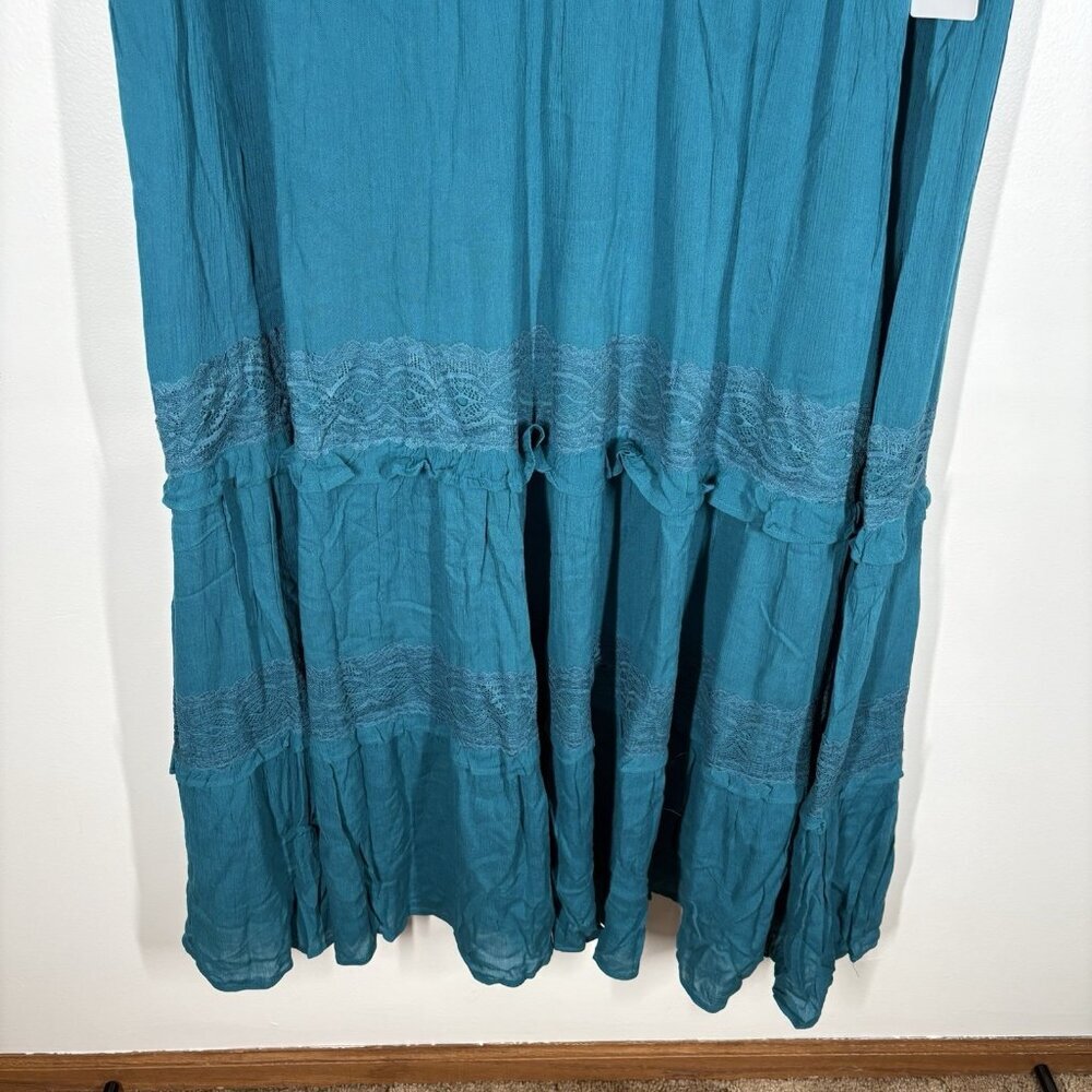 Roaman’s Women 3X 30/32 Teal Boho Ruffle Tiered Lace Crinkle Maxi Dress NWT - Picture 4 of 12